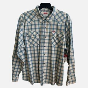 Wrangler Long Sleeve Light Blue and Cream Plaid Casual Shirt XXL